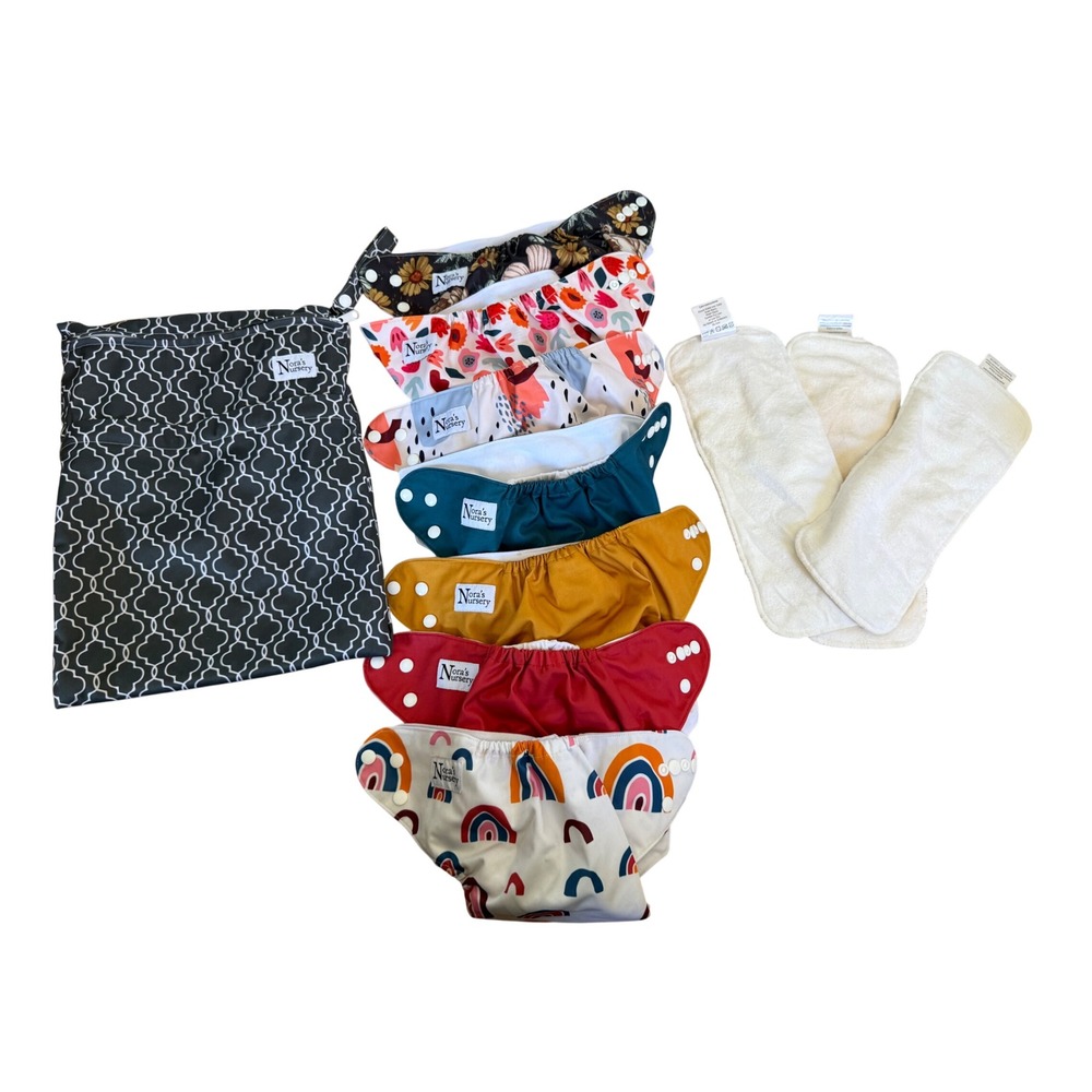 Nora's Nursery cloth diaper bundle with inserts colorful prints with wet bag